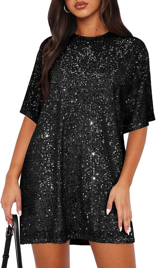 MIYIEONZ Women's Crew Neck Sequin Dress for Women Sexy V Neck Shirt Dress Sparkly Half Sleeve Loose Party Club Cocktail Dress