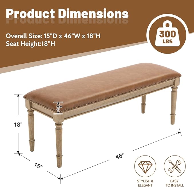 chairus Farmhouse Dining Bench 46" Wooden Entryway Bench with Padded Seat and Nailhead Trim for Kitchen Bedroom,Indoor and Hallway, Brown Leather