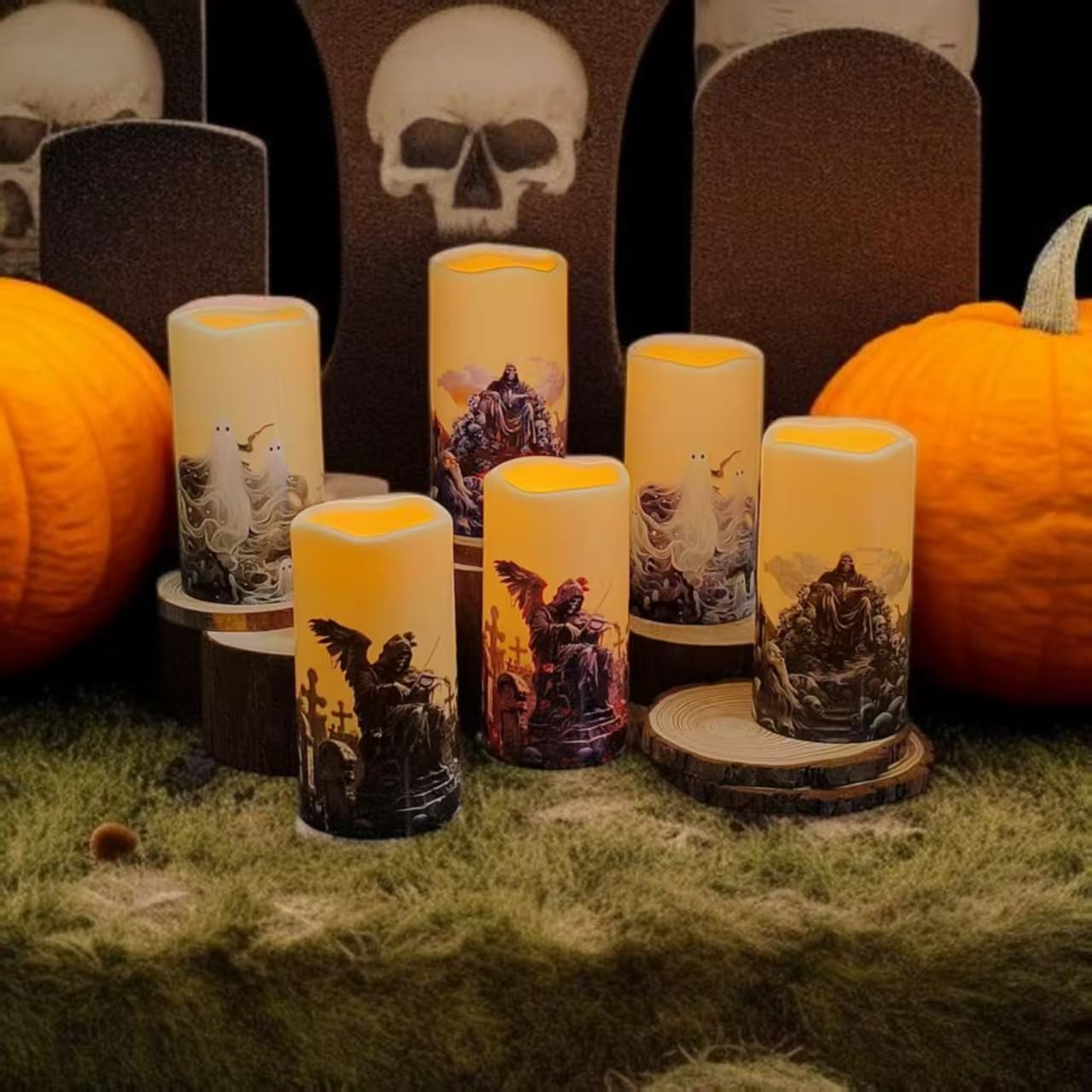 Gothic Style Weatherproof Fall Halloween Decorations LED Flameless Candles with Remote Control Timer Function 2AA Battery Operated, 3" Diameter5.7 Height, Outdoor/Indoor Use, Set of 6