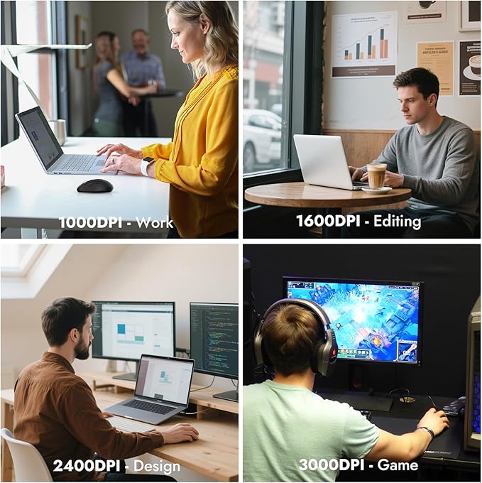 Full-Size Silent Wireless Mouse, 2 Bluetooth + 1 USB Multi-Mode, 4-Way Scrolling, Adjustable DPI, Side Buttons, Long Battery Life, Compatible with Laptop/Tablet/MacBook/iPad