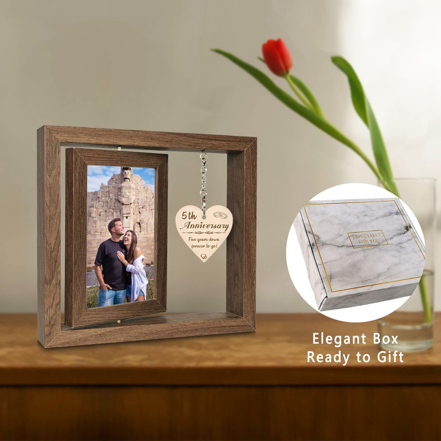 EYITUPC 5 Year Anniversary Picture Frame Gifts for Her Him, Wood 5th Wedding Anniversary Photo Frame for Wife Men Husband, Display 2 4x6 Inch