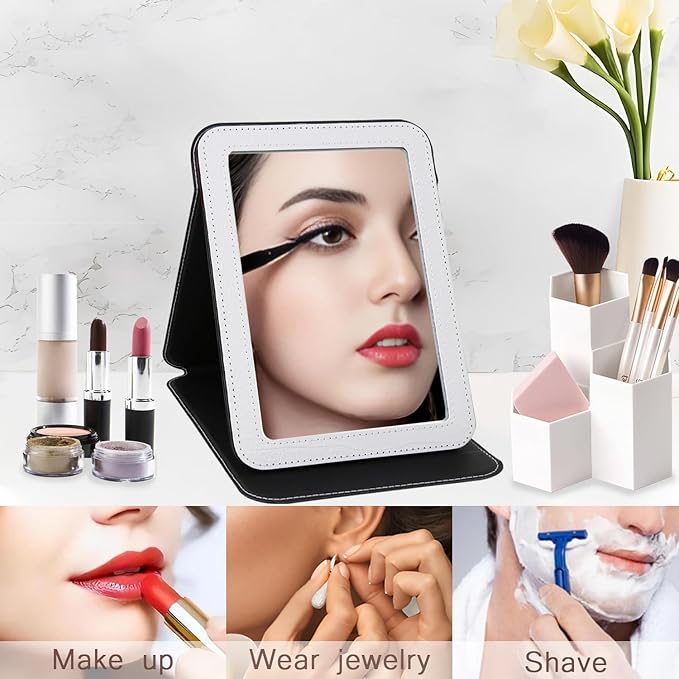 White Foldable Desk Mirror, 6.5×8.9” Adjustable Angle Rounded Rectangle PU Edge Covering Travel Mirror with Stand (LWhite)