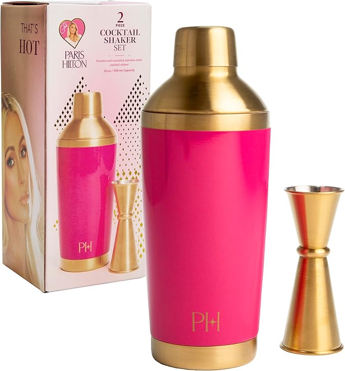 Paris Hilton 2-Piece Cocktail Shaker Set, Double Wall Insulated Stainless Steel Mixer with Built-In Strainer and Double-Si...