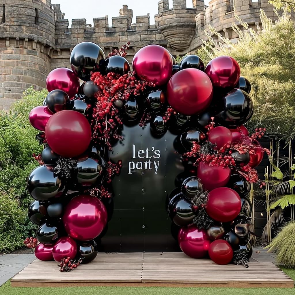 Black Red Balloons Thick Double Stuffed Black Burgundy Balloon Garland Arch Kit for Gothic Vampire Till Death Do Us Rip To Twenties Halloween Birthday Party Decorations