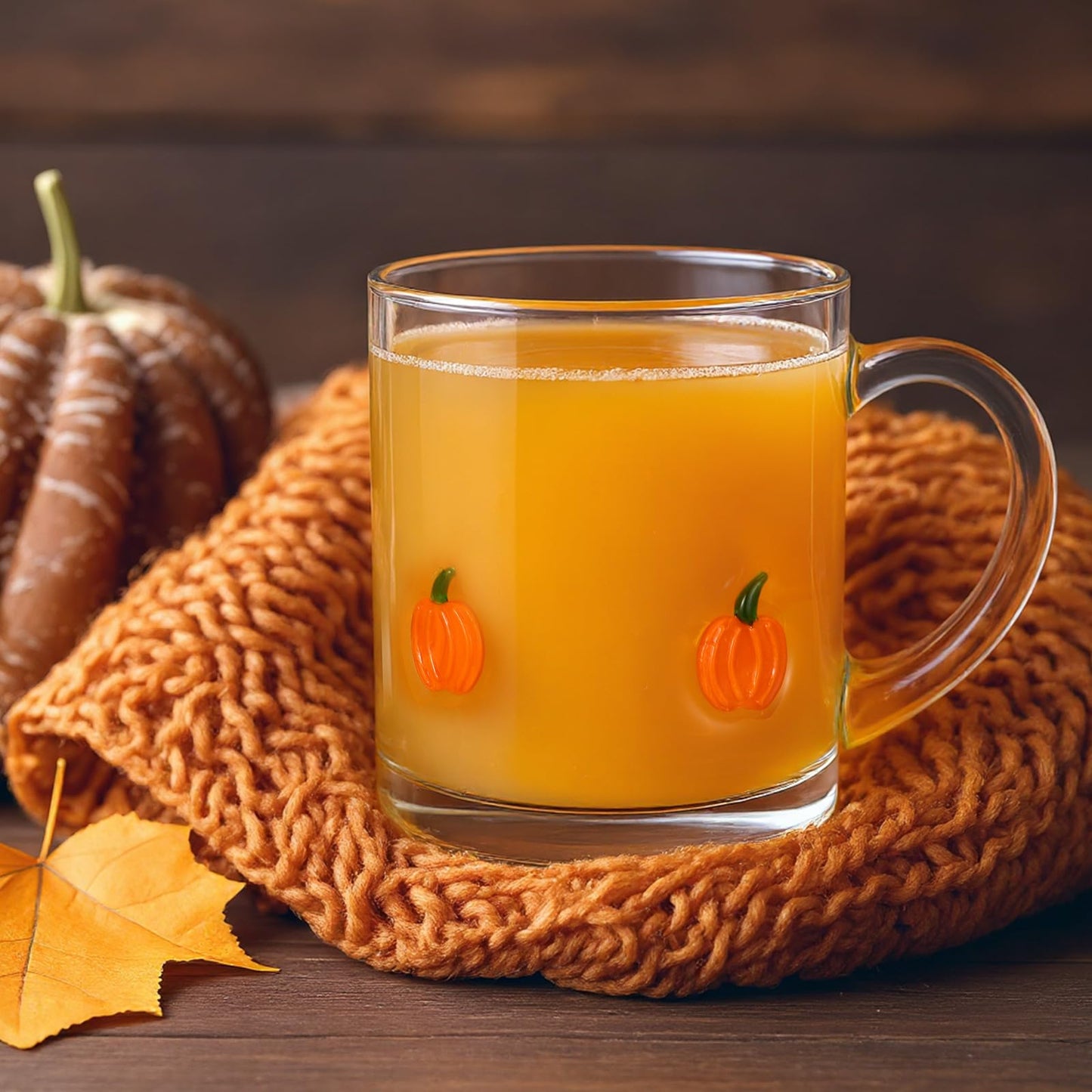 SiliFine 4 Pack Fall Glass Cups 14oz Pumpkin Mug with Handle Clear Drinking Glasses Double Old Fashioned Handblown Cocktail Glassware for Halloween Thanksgiving Autumn Gift(Pumpkin)