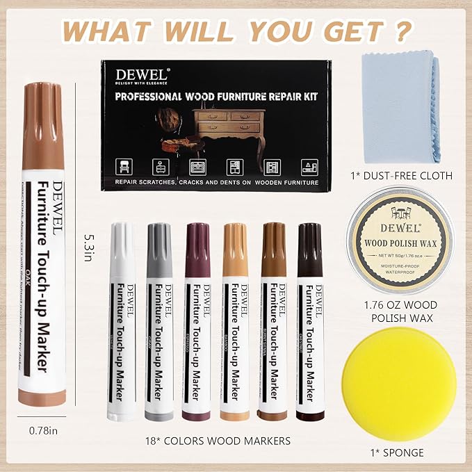 DEWEL Furniture Markers Touch Up, 18 Colors Wood Markers Furniture Repair Kit with Polish Wax, Wood Pens for Furniture Scratch Repair