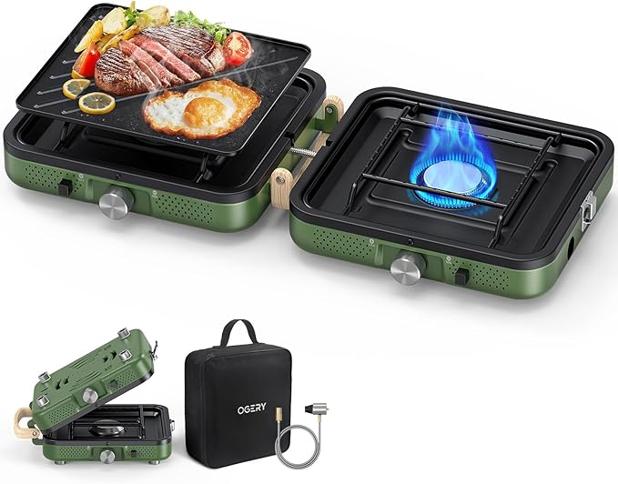 OGERY 2-Burner Foldable Camping Stove with Griddle (Textured & Smooth) and Carrying Bag, Portable Propane Camp Stove with ...