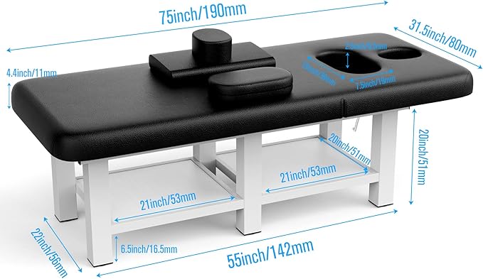 Stationary Massage Table with Backrest and Storage Space, 6 Square Legs Metal Frame PU Leather, 31.5'' Wide × 75'' Long for Treatment Table Physical Therapy Table Spa Facial Bed, Black
