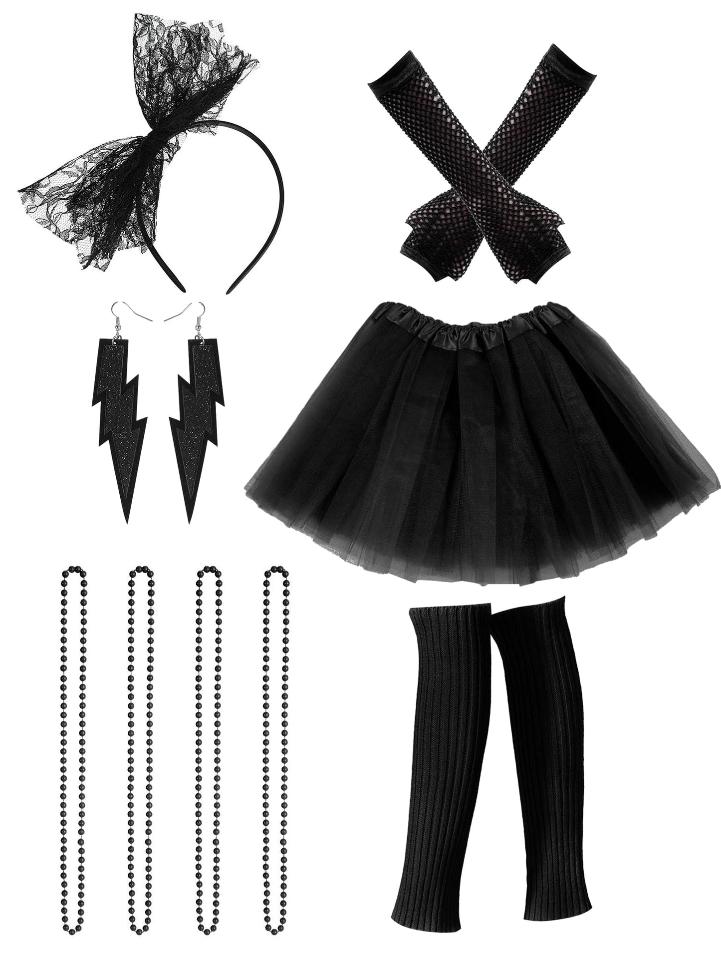 Tatuo 80s Accessories Costume Outfit for Women Leg Warmers Headband Tutu Skirt Gloves Earrings Necklace(Black)