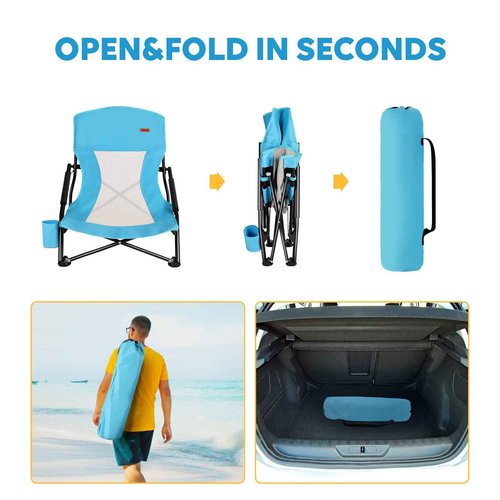 TOBTOS Low Beach Chair, Beach Chairs for Adults 2 Pack, Low Profile Folding with Cup Holder & Carry Bag, Heavy Duty Chair for Outdoor Sand, Camping, Concert, Travel