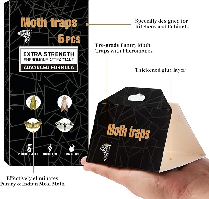 Upgraded Moth Traps, 6Pack Double Potent Pantry & Clothes Traps with Pheromones Prime, No Toxic & Odorless Meal Moth Trap, Organic Sticky Moths Balls Repellent with Lure for Closet, Kitchens