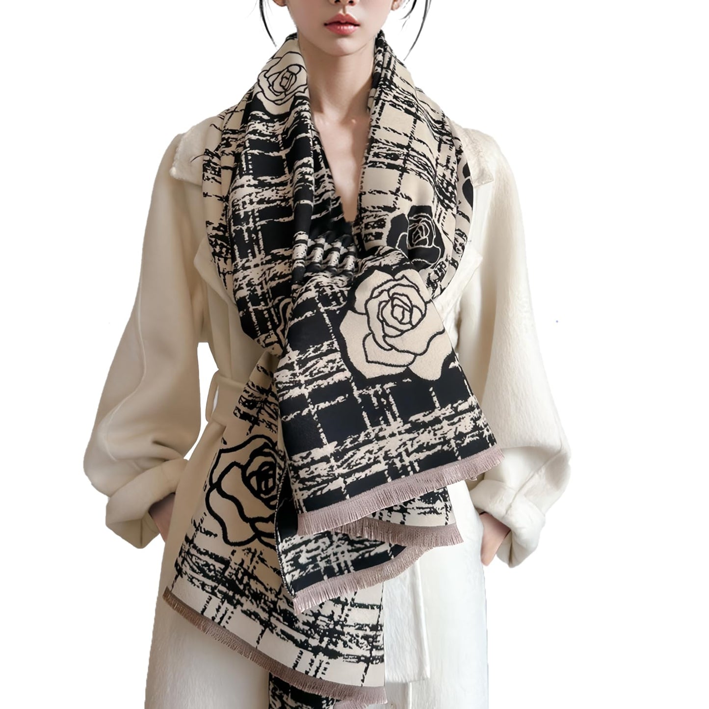 LumiSyne Winter Scarf Women Pashmina Shawls And Wraps Romantic Checked Camellia Pattern Reversible Cashmere Scarf With Tassel