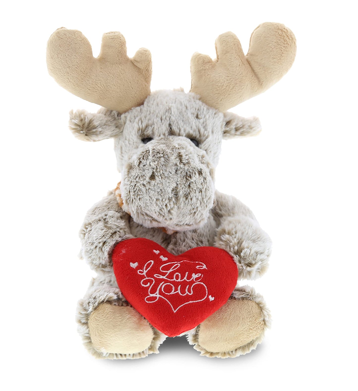 DolliBu I Love You Valentine Plush Sitting Moose - Cute Stuffed Animal with Red Heart and Name Personalization Gift for Valentine's Day, Birthday, Anniversary, Romantic Date - 11 Inches