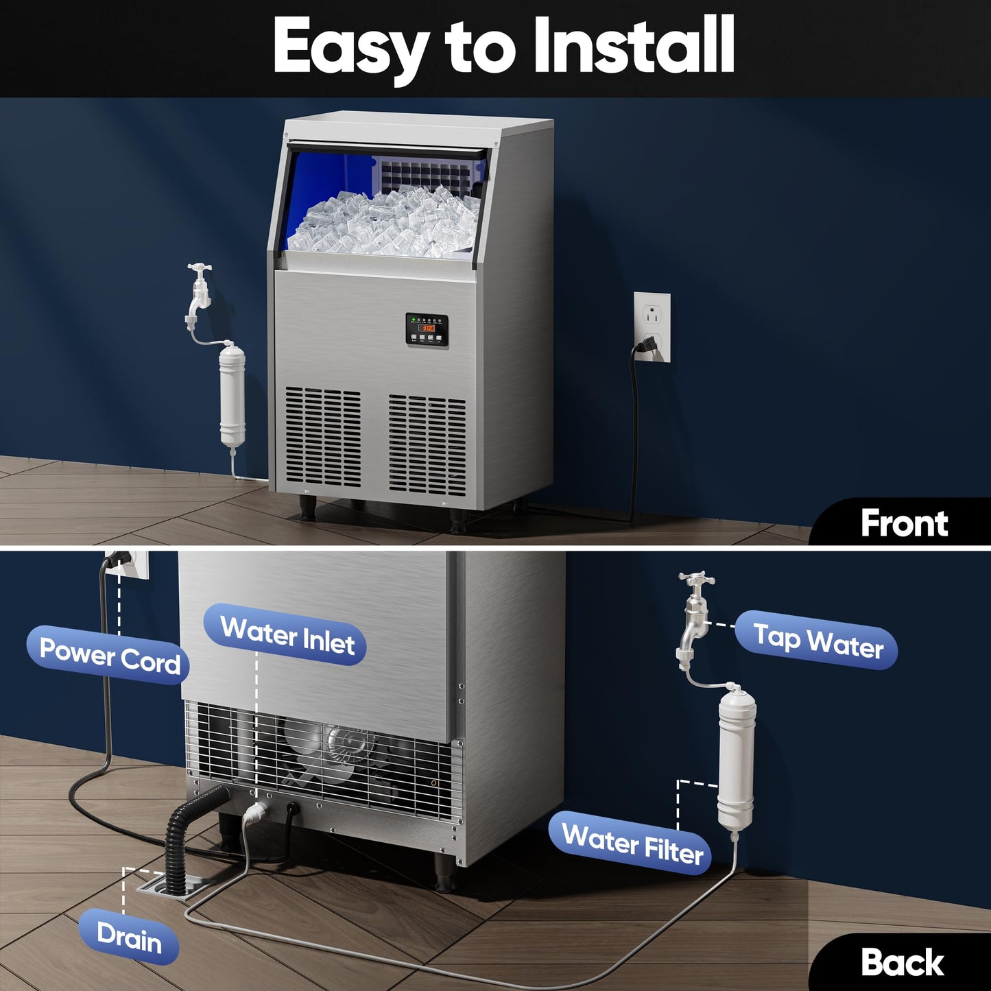 Coolski Commercial Ice Maker Machine 150LBS/24H, Under Counter Ice Maker with 35LBS Storage Capacity, Stainless Steel Ice Machine for Restaurant Home Bar, DOE