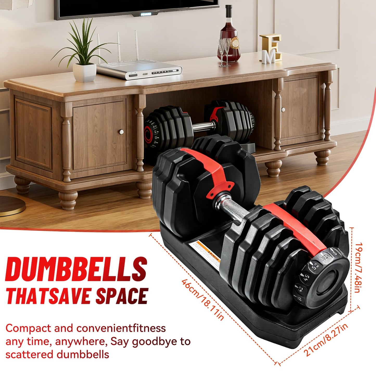 Adjustable Dumbbell 52.5LB, 2-in-1 Weight with Anti-Slip Handle, Fast Weight Adjustment for Home Gym, Strength Training for Men & Women, Single Dumbbell with Tray