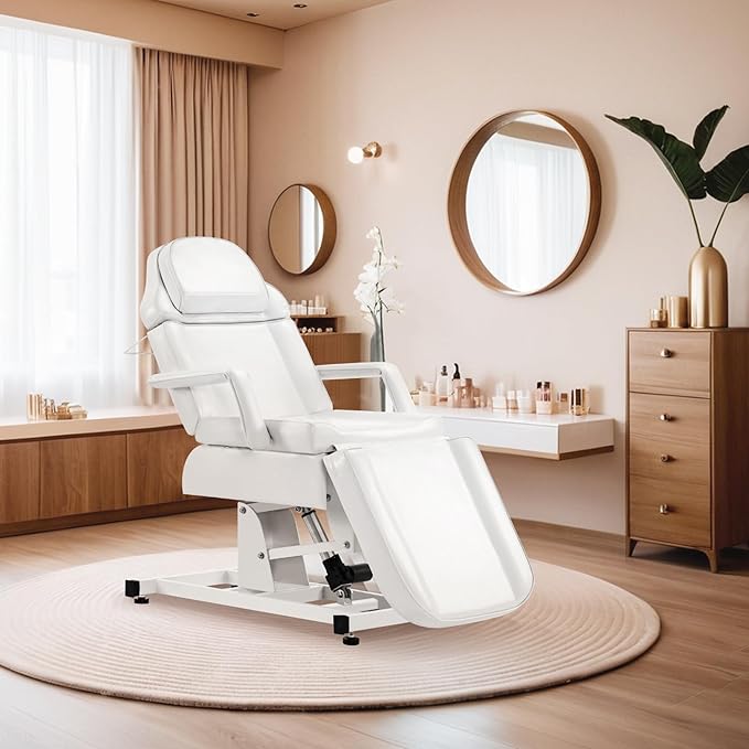 BarberPub Fully Electric Facial Bed with 3 Motor for Esthetician, Electric Tattoo Chair for Client, Facial Bed for Esthetician, Electric Adjustment 2751 (White, Height (Flat): 24"–33")