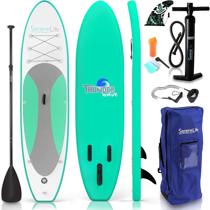 SereneLife Inflatable Stand Up Paddle Board - Wide Stable Design, Non-Slip Deck for Adults & Youth with Premium Paddle Boa...