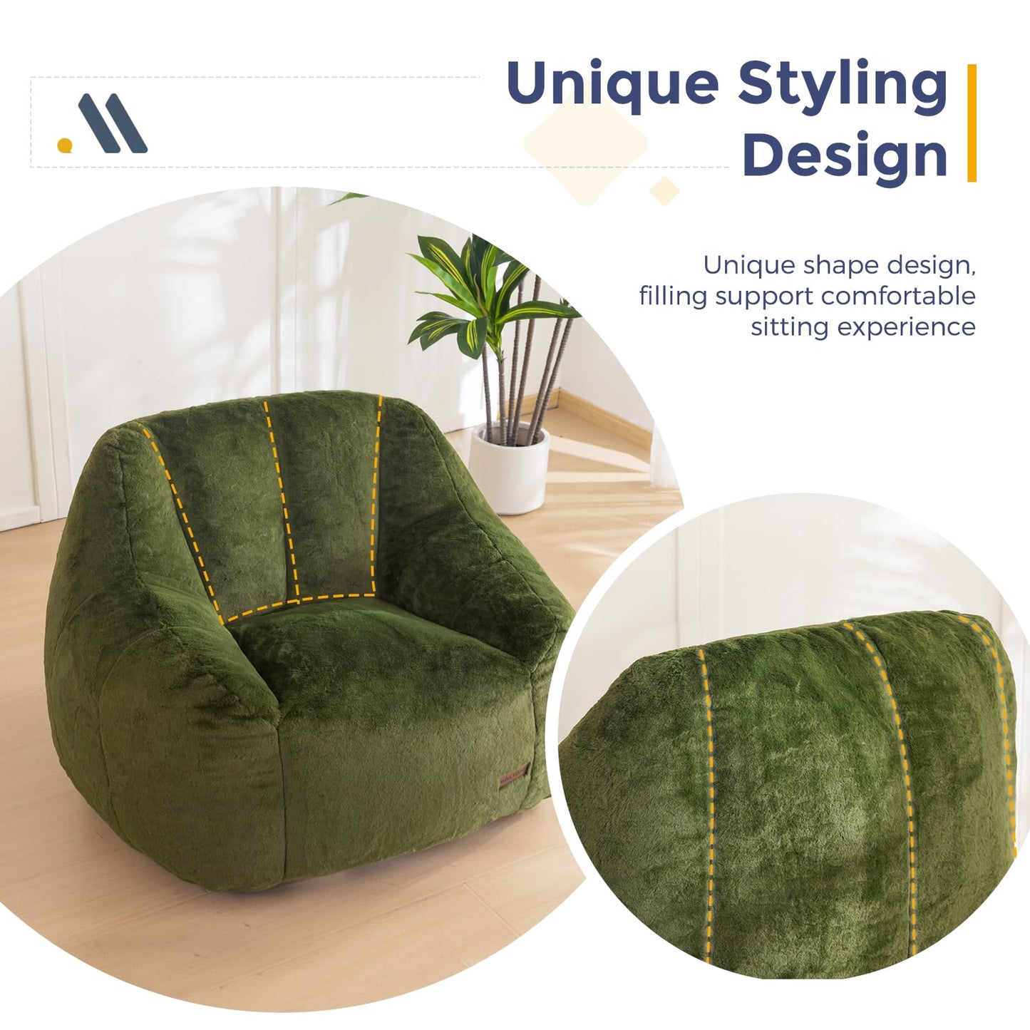 MAXYOYO Bean Bag Chair, Comfy Bean Bag Sofa with Back Support, Faux Fur Bean Bag Chair for Adults and Kids, Stuffed Floor Sofa for Living Room, Bedroom, Apartment, Green