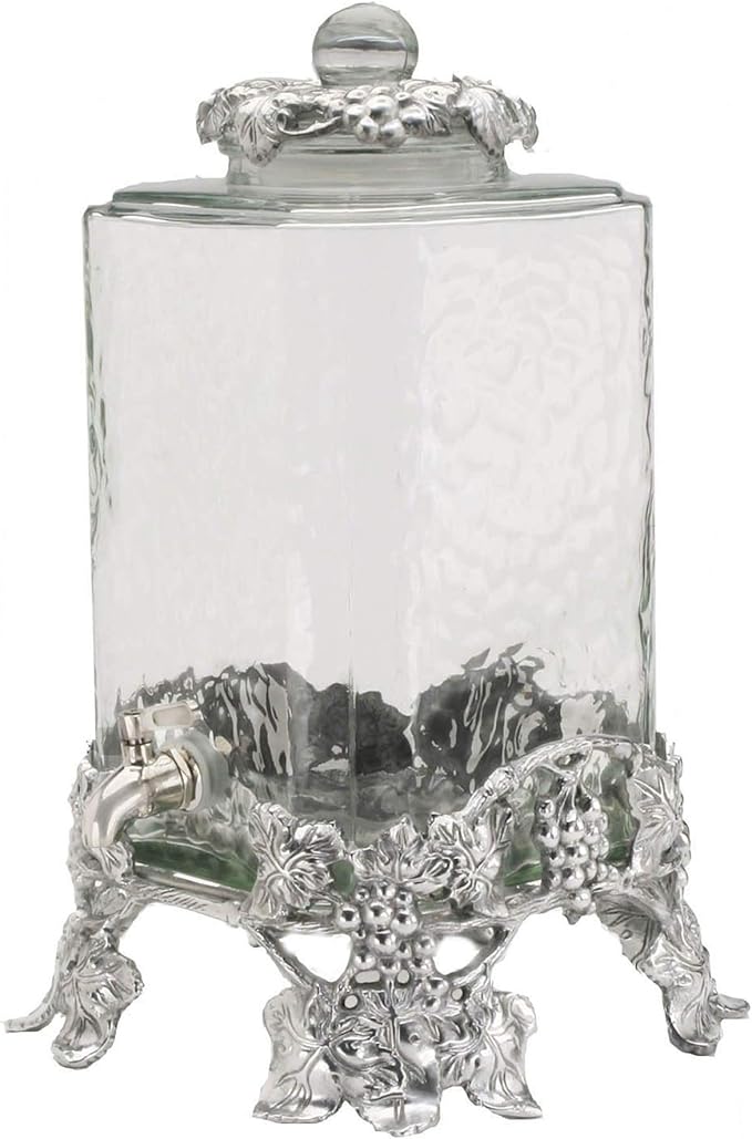 Arthur Court Glass Drink Dispenser Beverage Stainless Leak Free Spigot, Metal Grape Pattern Base Home Bar Party Server Ele...