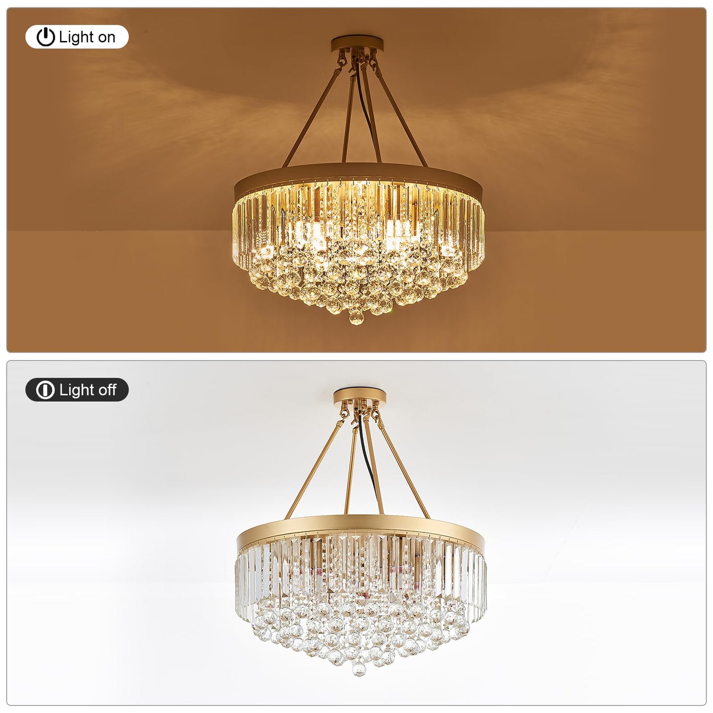brfaixla 9-Light Gold Crystal Chandelier Contemporary 22'' Modern Semi Flush Mount Crystal Hanging Light Sparkling Decoration for Bedroom Entryway Living Dining Room Kitchen Island Hallway
