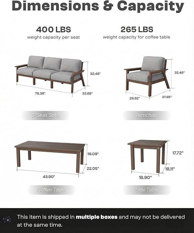 Patio Kingdom Patio Furniture Set 7 Seats, HDPE Outdoor Sectional with Gray Washable Thick Cushions, Coffee Table, Patio Conversation Sets for Lawn, Garden, Porch, Balcony, Deck (Brown Frame)
