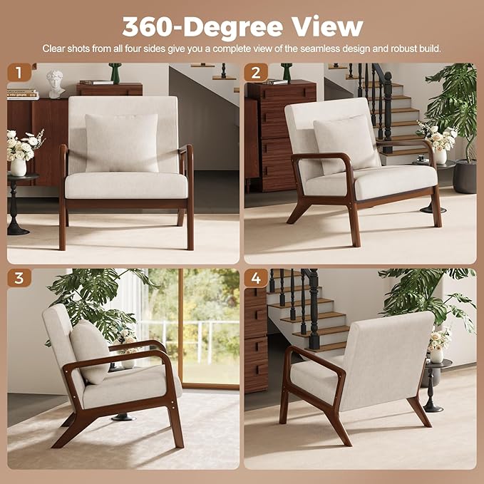 ELUCHANG Mid-Century Modern Chair,Accent Chair with Lumbar Pillow,Upholstered Armchair,Linen Fabric Comfy Reading Chair Beige, Linen, Set of 2