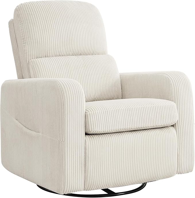 AEMEIOS Swivel Rocker Recliner, Oversized Manual Nursery Glider Rocking Recliner Chair with Removable Cushion, Upholstered Swivel Reclining Chair for Nursery Living Room Bedroom, Corduroy White