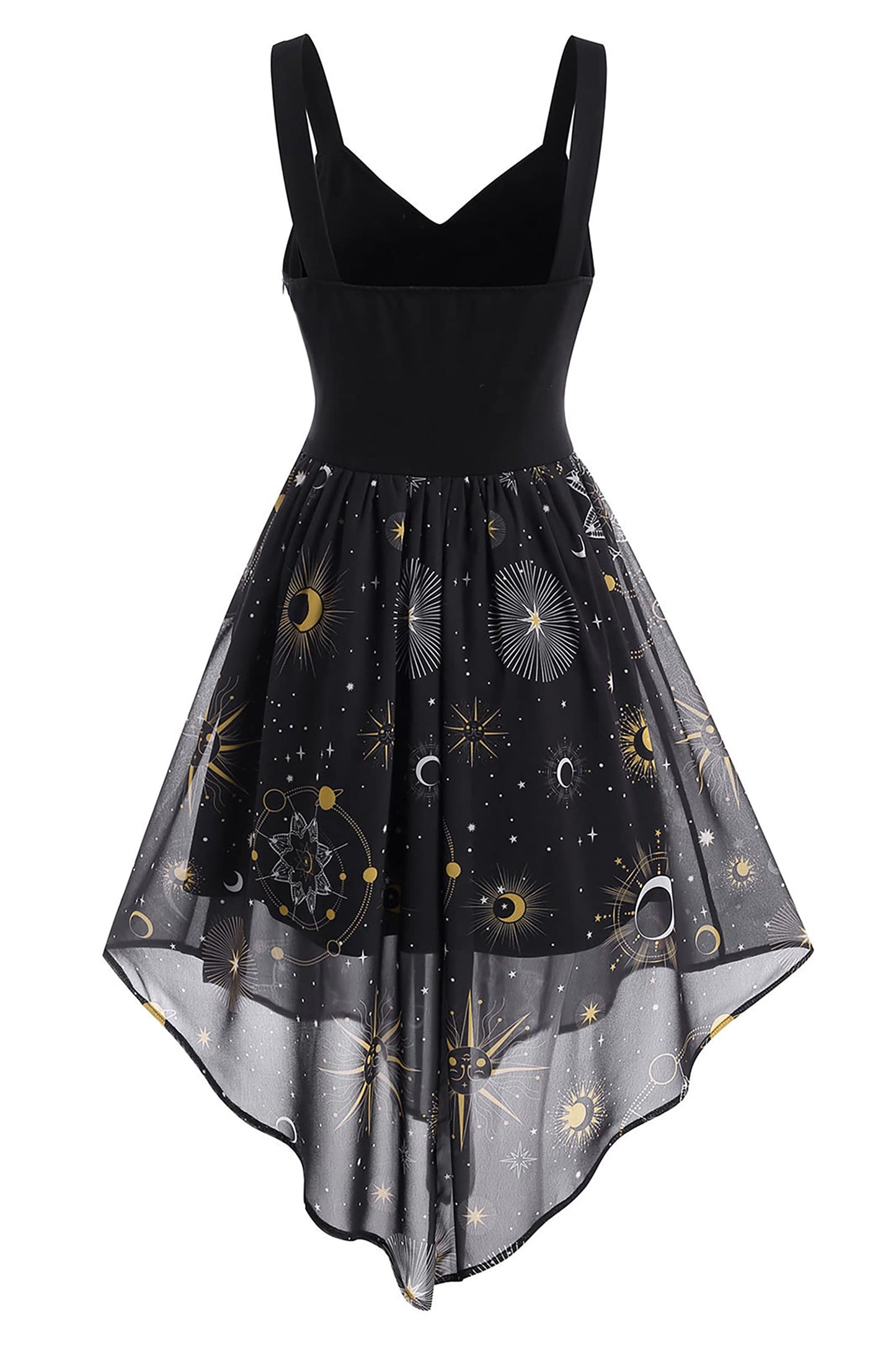 FEAPHY Women's Vintage Chiffon Sun Moon Star Sleeveless A-Line High Low Dress (0-Galaxy-Black, L)