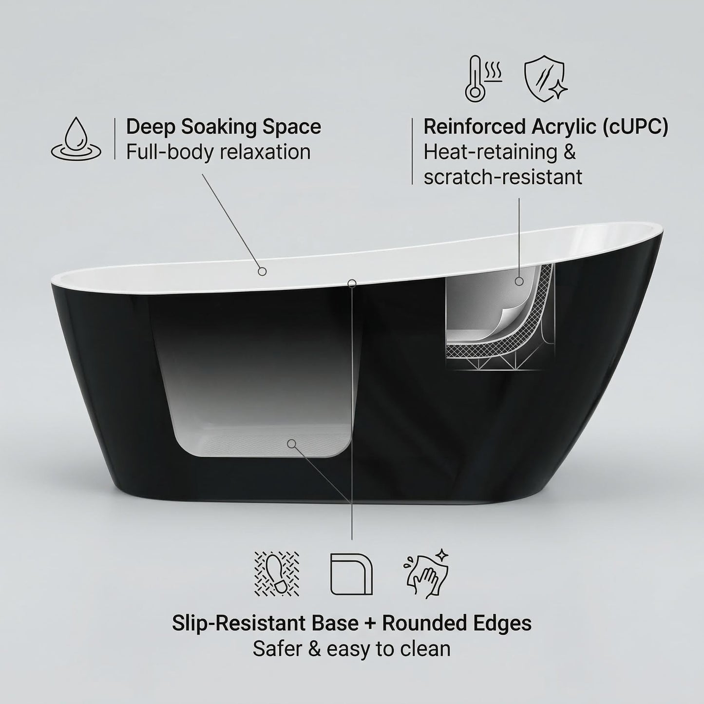 59" Acrylic Freestanding Bathtub, Contemporary Double-Walled Insulated Soaking Tub with Anti-Clog Drain & Overflow, cUPC Certified Heavy-Duty Resin Reinforcement, Black