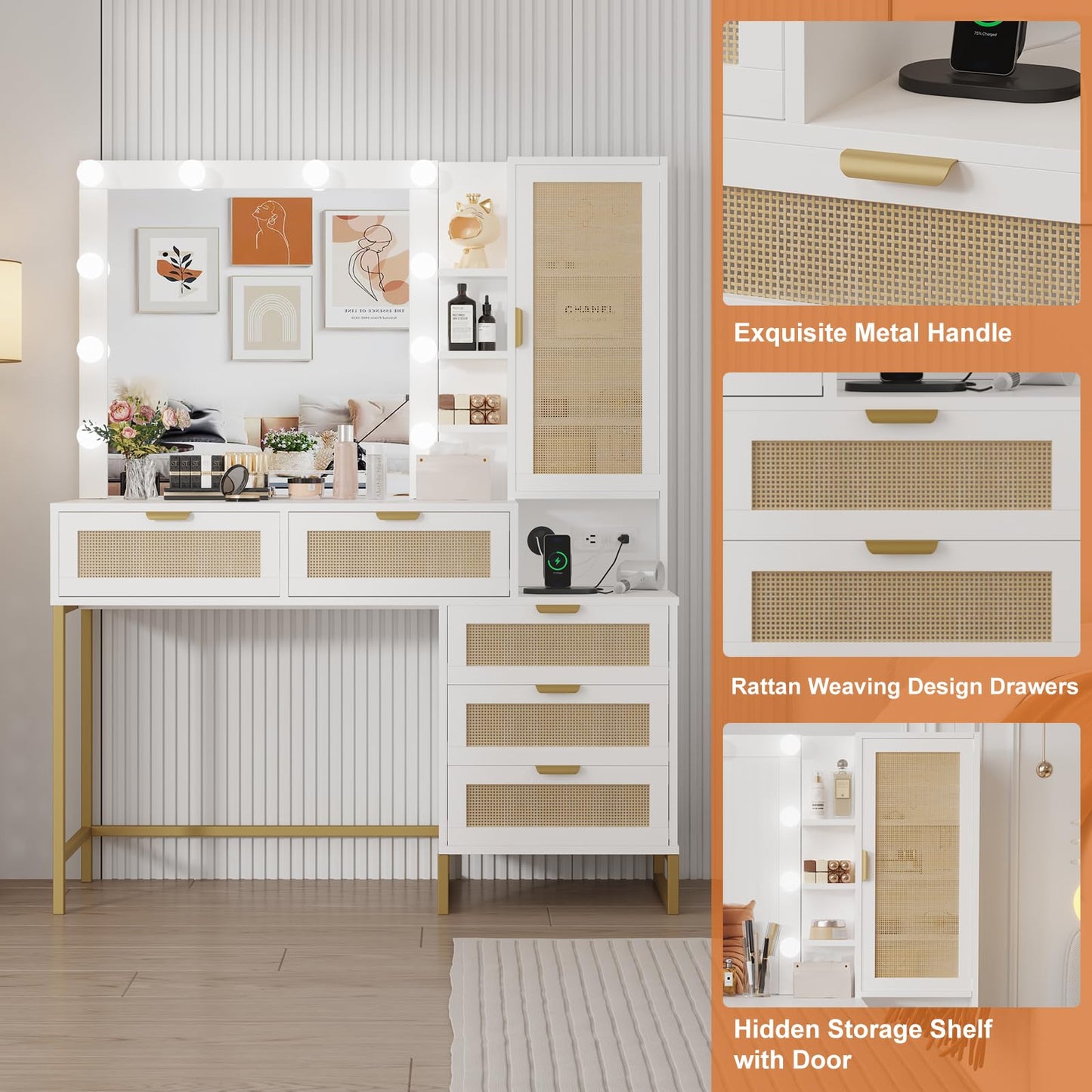 Garvee Rattan Vanity Desk with 12 LED Lights & Charging Station, Makeup Vanity Table with 5 Drawers and 8 Storage Shelves, 3 Lighting Modes Dressing Table with Power Outlet, White Gold