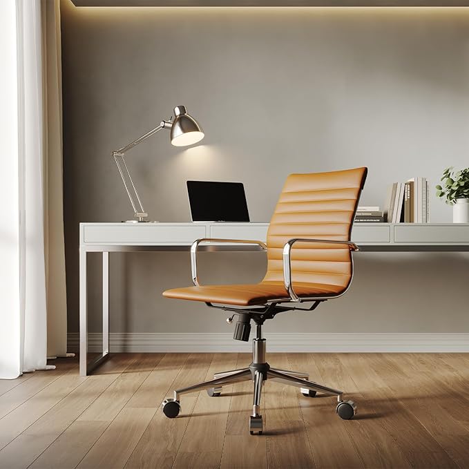 Ergonomic Office Chair with Lumbar Support Adjustable Swivel Mid Back Desk Chair PU Leather Computer Task Chair for Home Office 360° Rolling, Terracotta