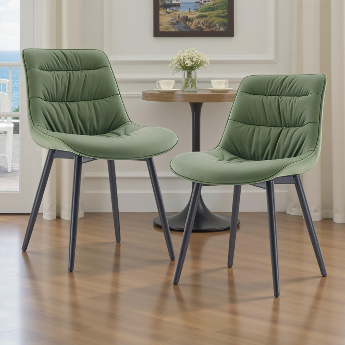 Rowill Dining Chairs Set of 2 Mid Century Modern Kitchen Chair Comfortable Upholstered Faux Leather Dinner Chairs for Kitchen Dining Room, Olive Green