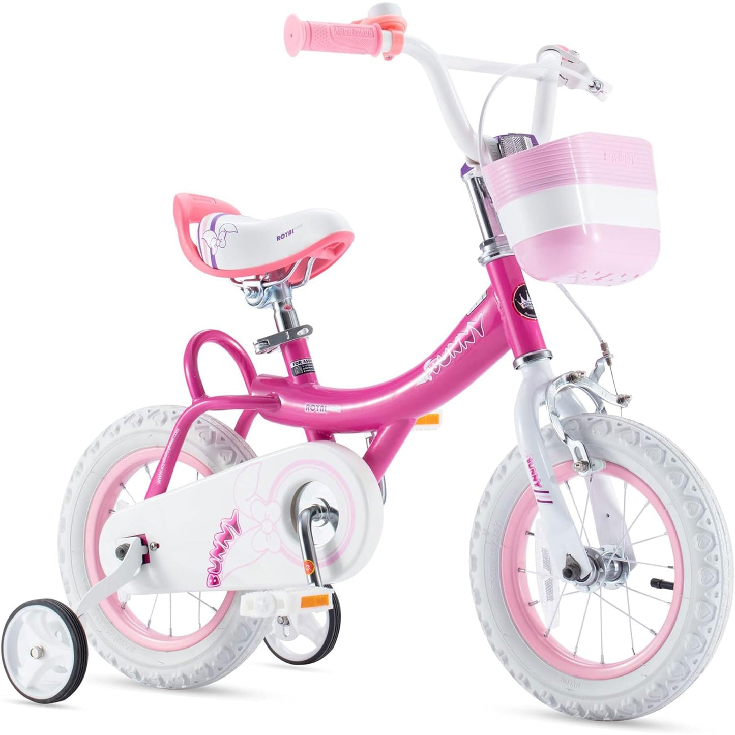 RoyalBaby Princess Girl Children's Bicycle Outdoor Ride-On Bike with Training Wheels, Adjustable Seat, and Basket, 12 Inch, Bunny/Fuchia