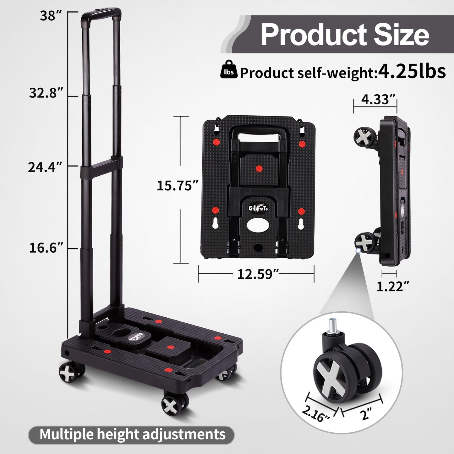 Folding Hand Truck Lightweight Hand Truck Dolly Foldable,Luggage cart with 4 Rotate Wheels, Utility Cart with Adjustable Handle,Collapsible Dolly for Moving