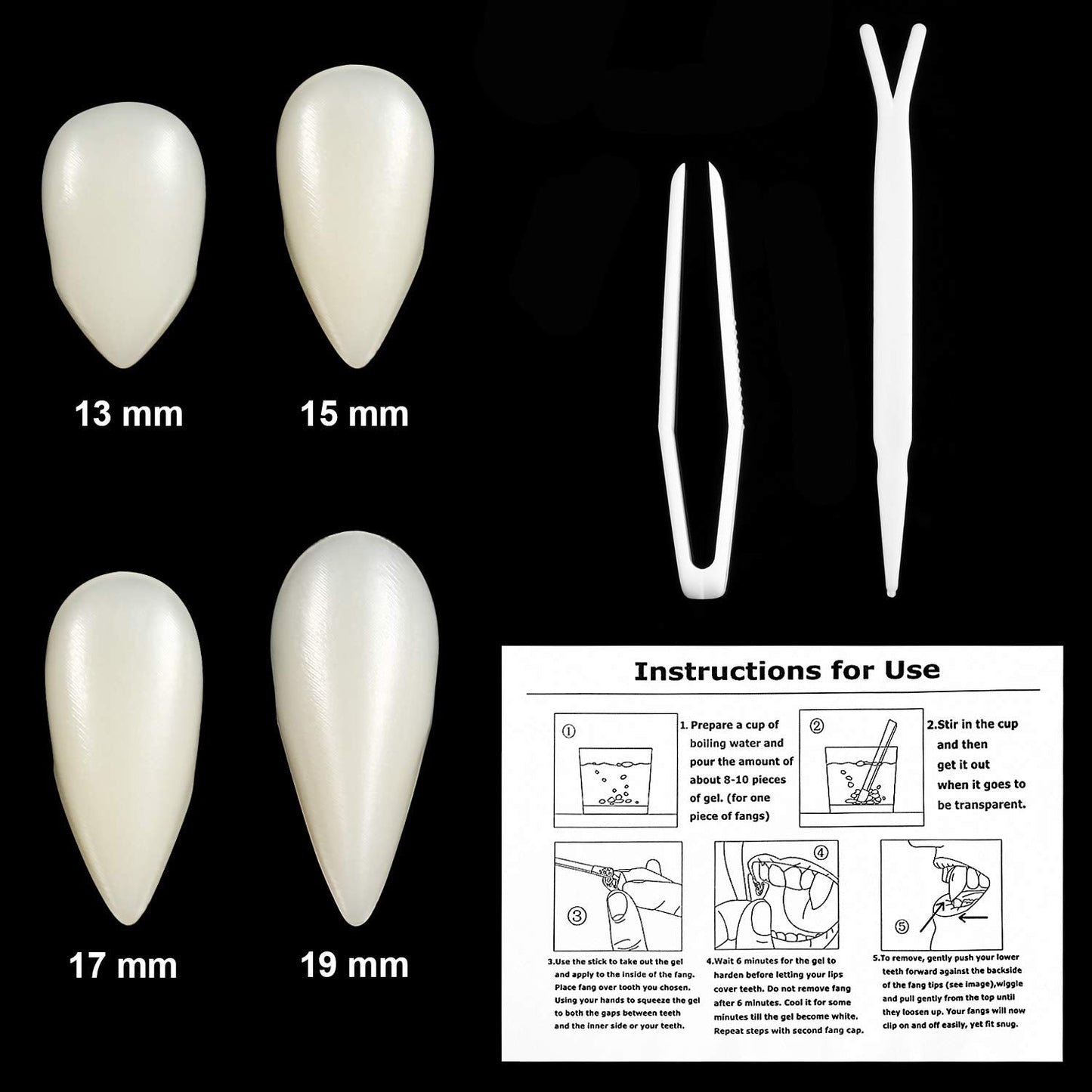BBTO Set of 8 Vampire Teeth 4 Size Halloween Cosplay Fangs Fake Teeth with Tooth Pellets Adhesive Installation Tools and Instruction Halloween Party Cosplay Dentures Prop(White)