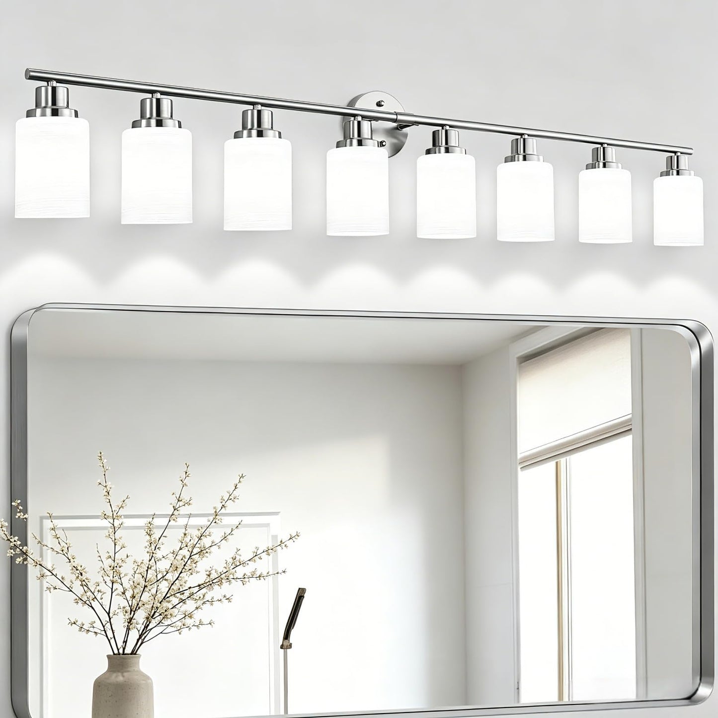 Guliaofo 8-Light Vanity Lights, Brushed Nickel Bathroom Light Fixture with Striped Textured Milky White Glass Shade, E26 Modern Vanity Lighting Fixture for Bathroom Wall Sconce Light Over Mirror