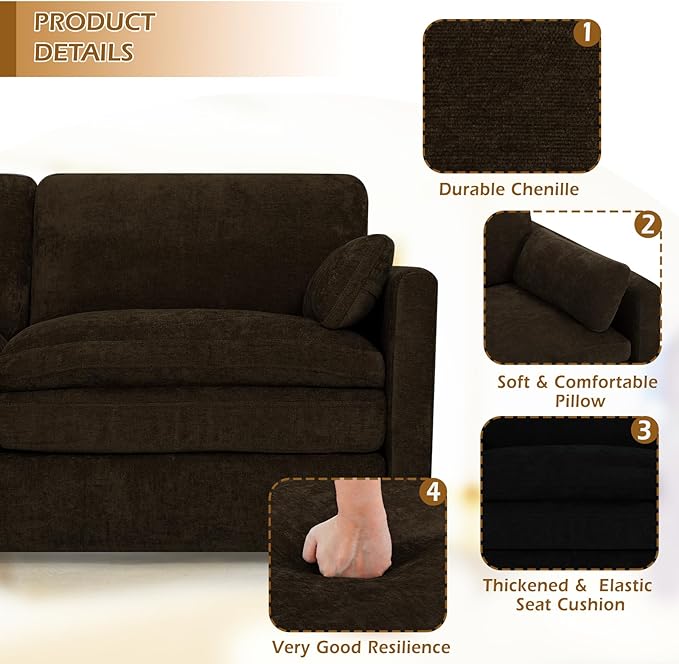 ACMEASE 3 Pieces Chenille Sofa Set w/Arm Pillows, Upholstered Loveseat & 2 Pieces 3 Seater Sofa w/Comfortable Back Cushions, Modern 2-Seat & 3-Seat w/High-Density Foam for Living Room, Brown