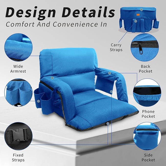 Stadium Seats with Back Support,Wide Stadium Chairs with Back and Cushion, Sofa Style Stadium Seats, 6 Reclining Positions, Extra Thick Bleacher Seat for Sports Events (Blue-2 Pack,Wide|25")
