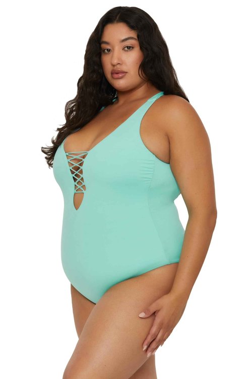 BECCA ETC. Color Code - Women's Plus Size One Piece Swimsuit, Plunge Neck, Bathing Suits for Women, New Cyan, 2X