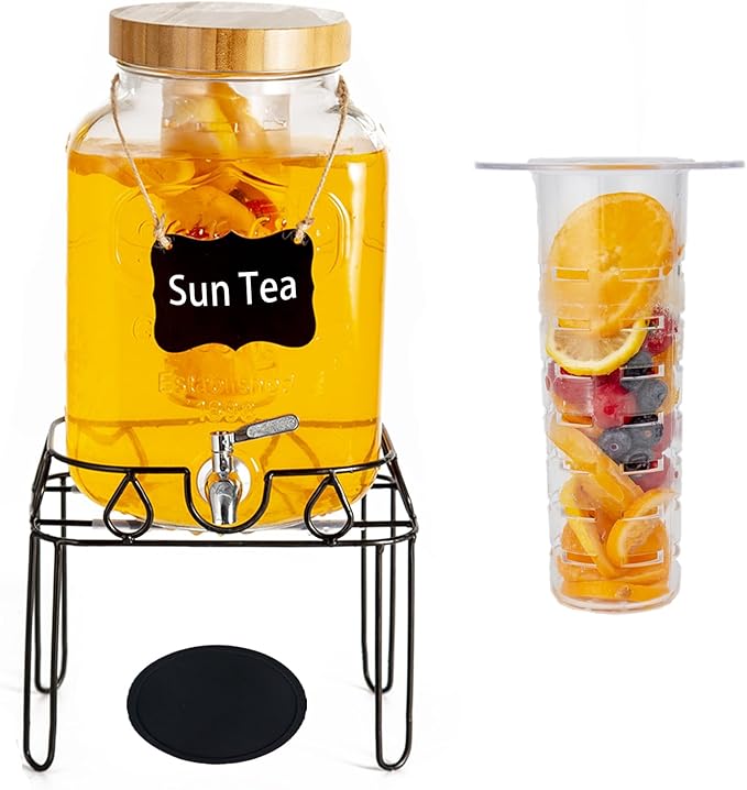 2 Gallon Glass Drink Dispenser with Stand and Bamboo Lid, Lemonade Dispenser with Stainless Steel Spigot, Glass Beverage D...
