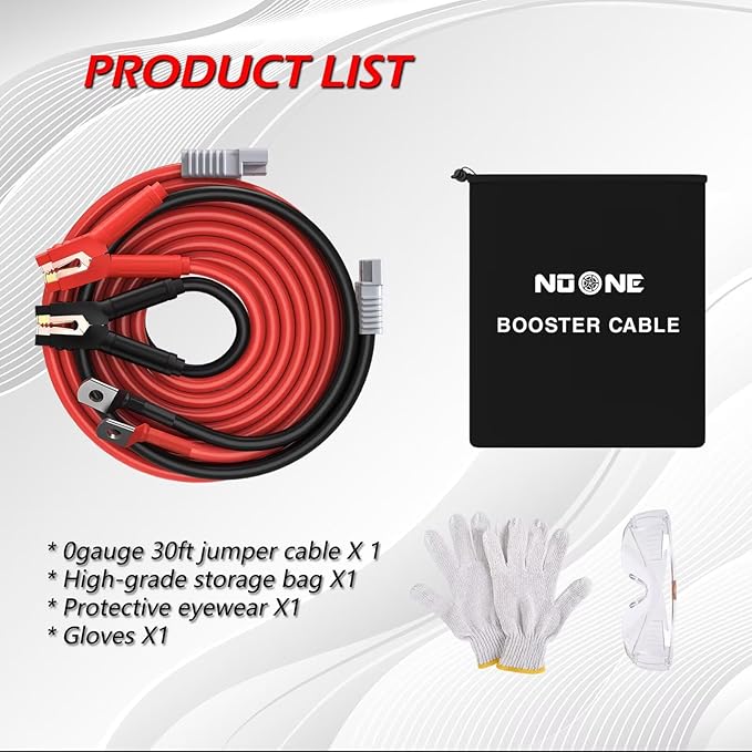 NOONE 0 Gauge 30 FT Heavy Duty Jumper Cables - 1000Amp Quick Connect Automotive Booster Jumper Cables for Car, SUV and Trucks Battery - Jumper Cables Kit with Gloves, Goggles in Carry Bag