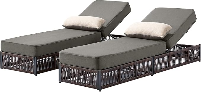 ACTREST Luxury Outdoor Chaise Lounges with 5 Inch Thickened Cushions - Set of 2 High Back Brown Wicker Patio Recliners Rattan Reclining Chairs Porch Poolside Pool Sunbathing Lounger - Grey
