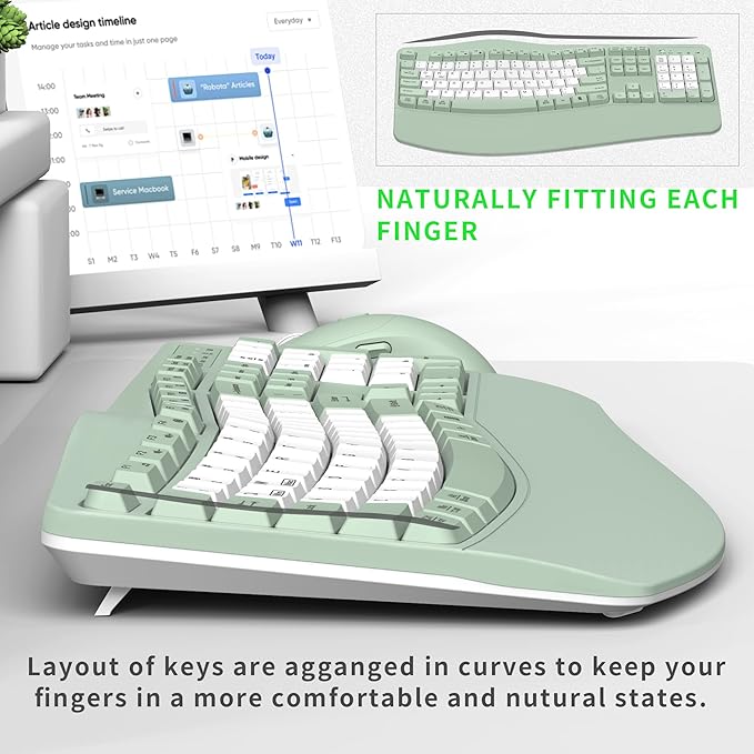 Wireless Keyboard and Mouse Combo,2.4G Full Size Wave Keys Ergonomic Keyboard with Wrist Rest for Natural Typing, 3 DPI Adjustable Ergonomic Mouse for Computer/Laptop/Windows/Mac (Avocado Green-B)
