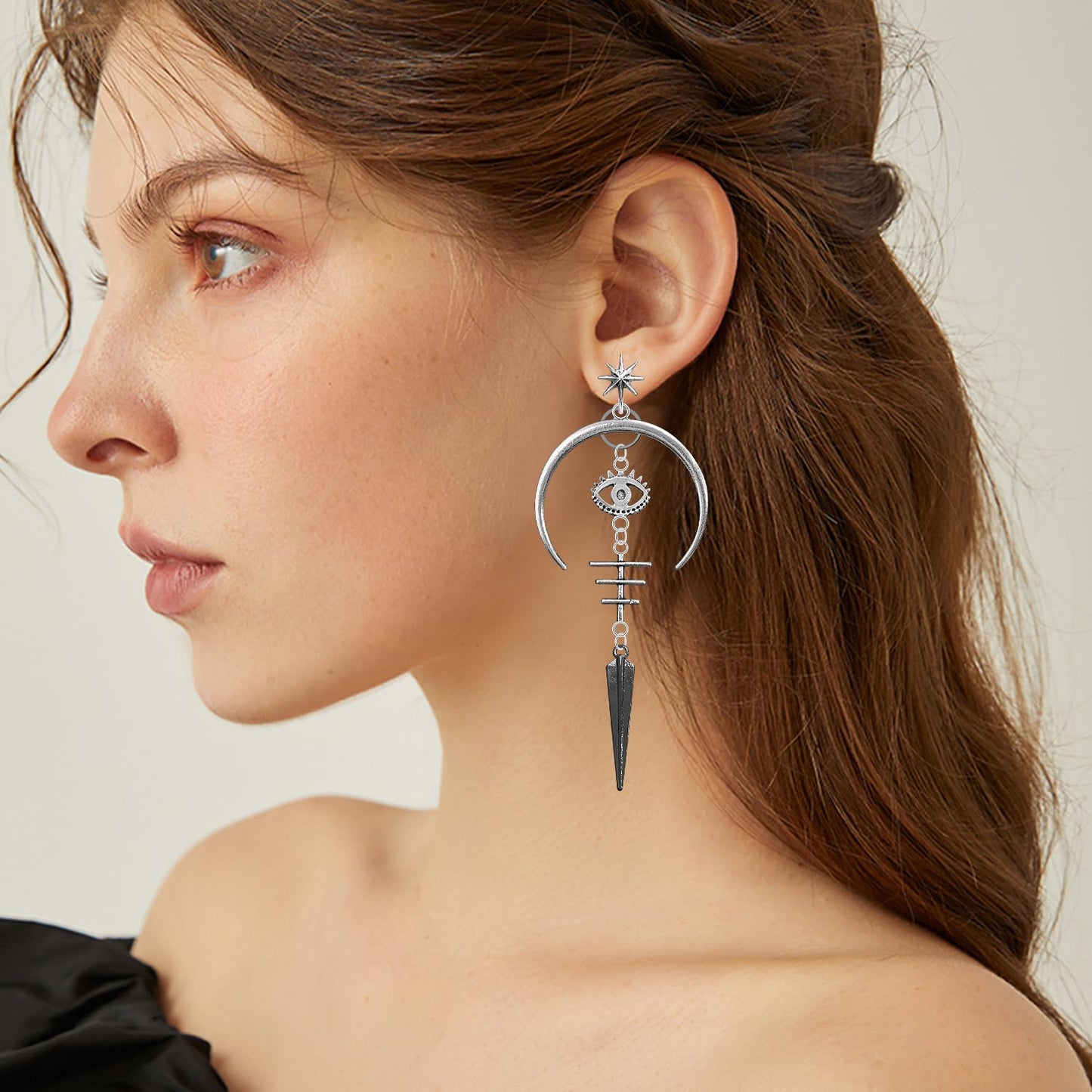 Hanavigar Gothic Viking Vintage Sliver Crescent Moon Evil Eyes Star Fishbone Lightweight Dangle Drop Earrings Punk Tribal Stud Earrings For Women Jewelry Gift (Stud Earrings)