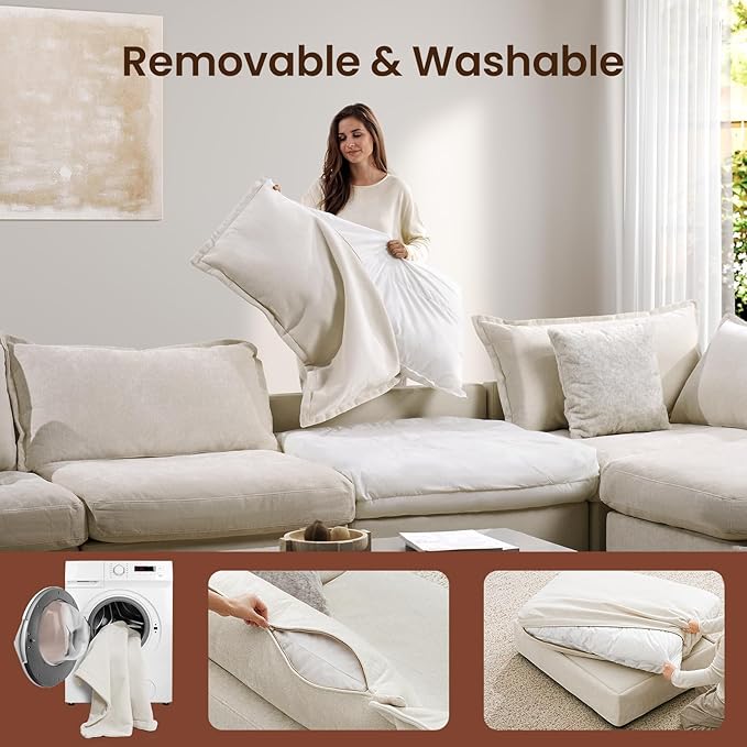 ModernMate 83" Modular Sectional Sofa, L Shaped Couch Set for Living Room, Down Filled Cloud Couch with Storage Ottoman, 2 Seater Loveseat Deep Seat Sofa, Chenille, Beige