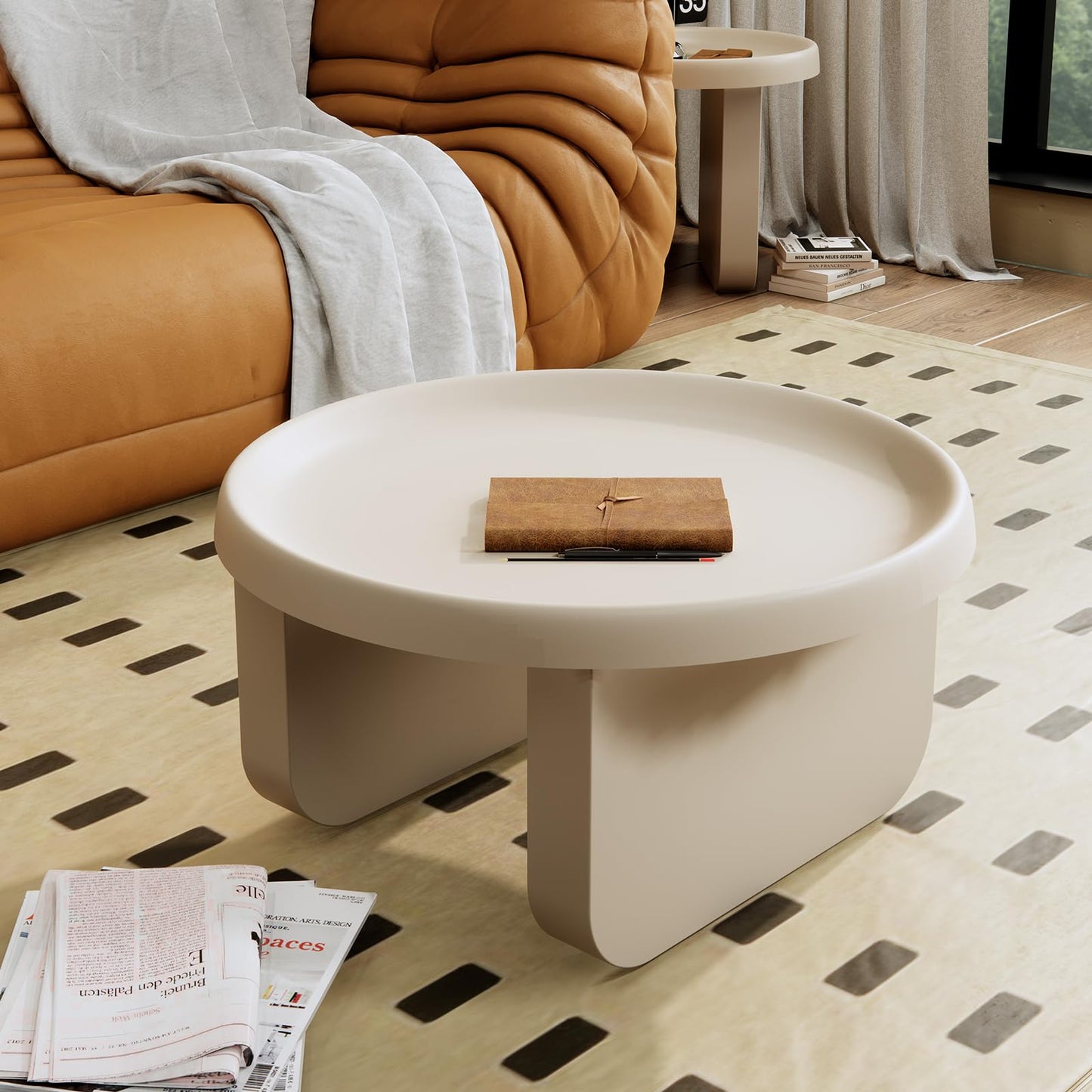 BUZUEY White Round Coffee Table, Modern Metal Center Table, Unique Circle Design for Living Room, Nested Design with Large and Small Tables