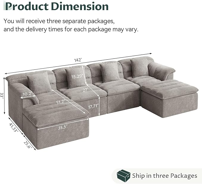 SUNG7 142" Modular Sofa with Ottoman, Boneless Cloud Couch with Deep Seat, Comfy U-Shape Corduroy Couches for Living Room, No Assembly Required, Light Gray