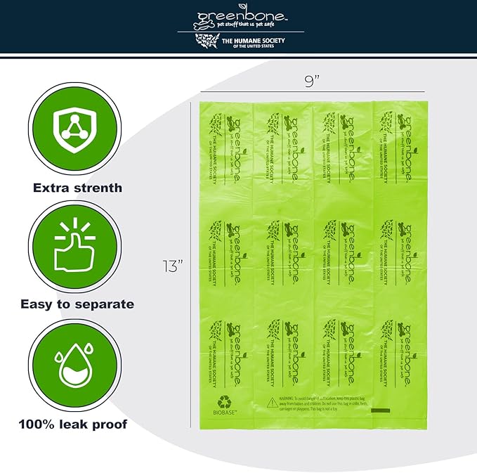The Humane Society by Greenbone Biobase Pet Poop Bags - 8 Rolls - 96 Refills - Made with Corn Starch - Leak Proof 13 Inch x 9 Inch