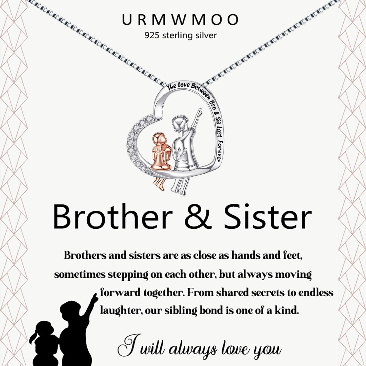 URMWMOO Gifts for Sister from Brother 925 Sterling Silver Brother and Sister Heart Pendant Necklace Jewelry Birthday Christmas Graduation Gifts for Women