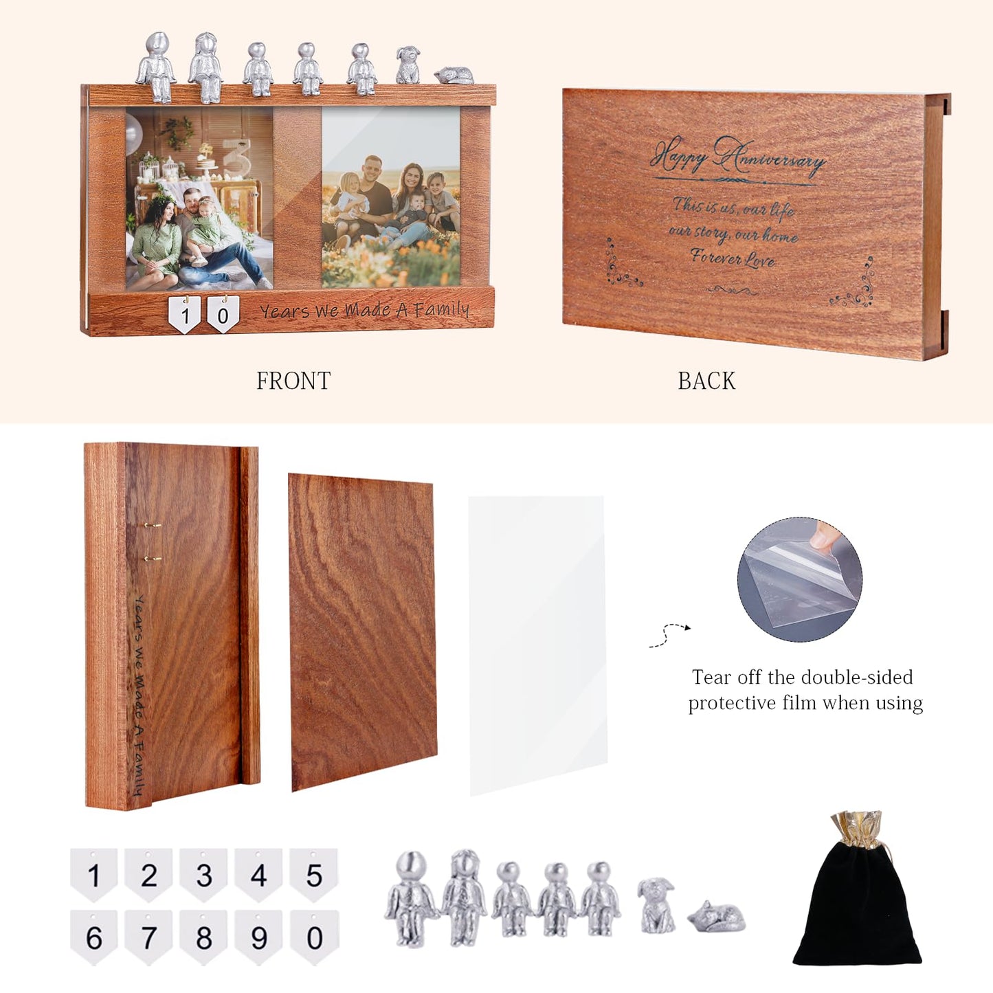 Anniversary Keepsake Box with Family Statue- Wooden Picture Frame for Cherished Keepsakes Storage，Anniversary or Wedding Gifts for Her/He (Walnut)